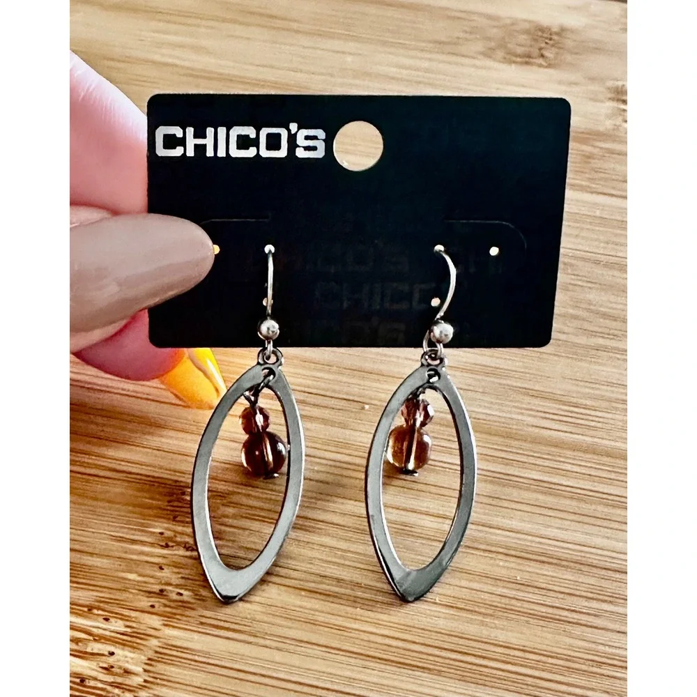 Chicos Lilybelle Silver Tone Oval Hoop Smoky Brown Beaded Drop Earrings NEW